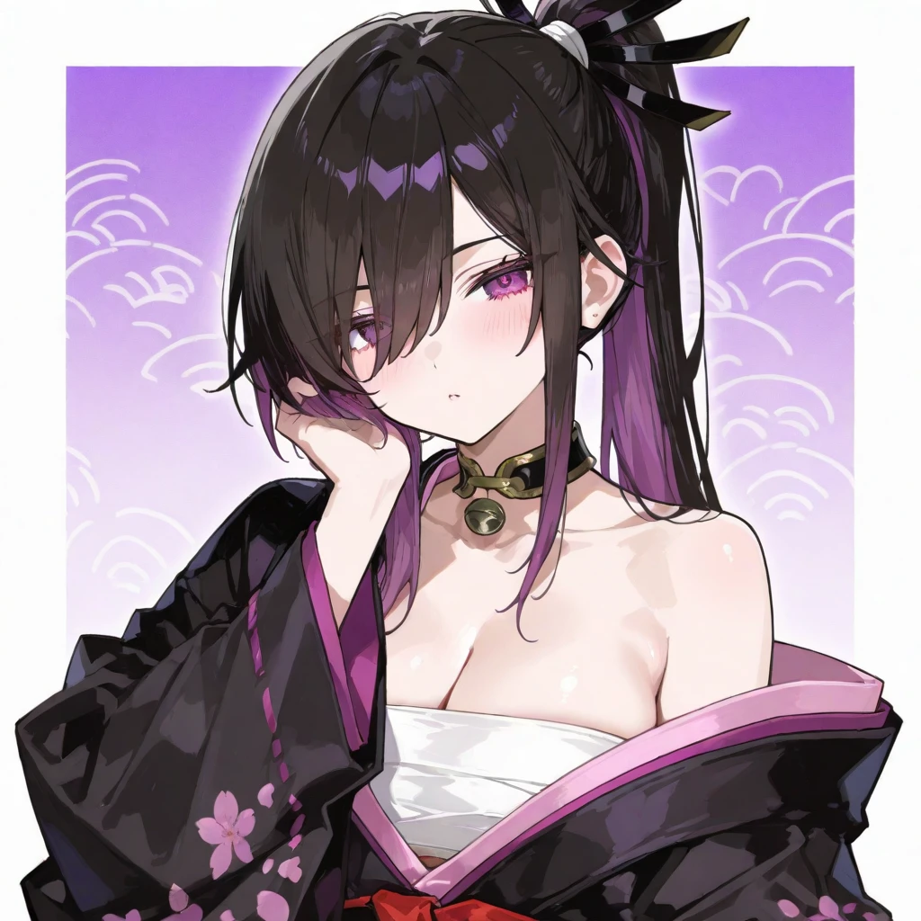 Girl, light skin, violet eyes, black medium hair, messy ponytail, violet kimono, psychotic smile, covered in blood