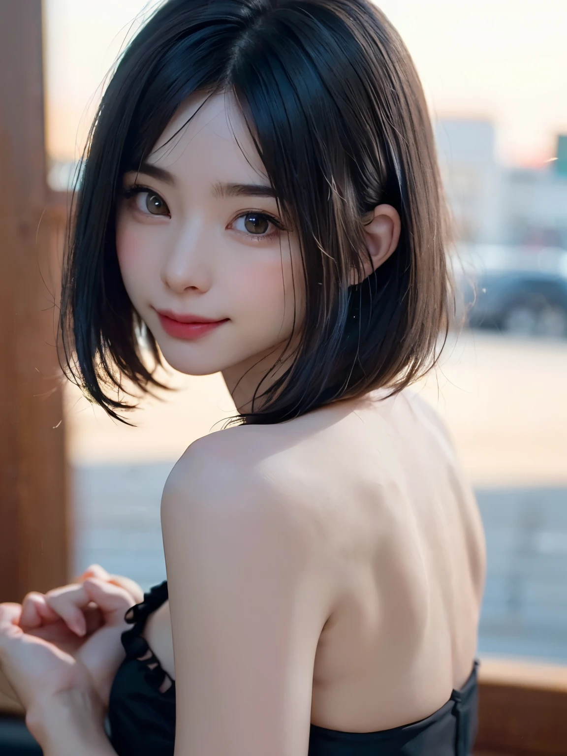 solo girl, gorgeous, masterpiece, solo girl, open field, grass, day, cloud, shiny skin, side pov, blushing, embarrassed, bare shoulder, blue hair, bob cut, hair ornament, green eyes, upper body, magazine cover