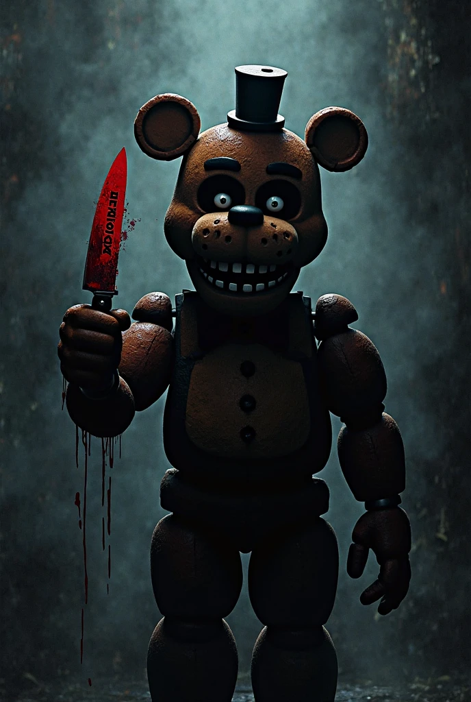 Yellow animatronic teddy bear wearing a bowler hat stabbing a man on his chest with a large knife.