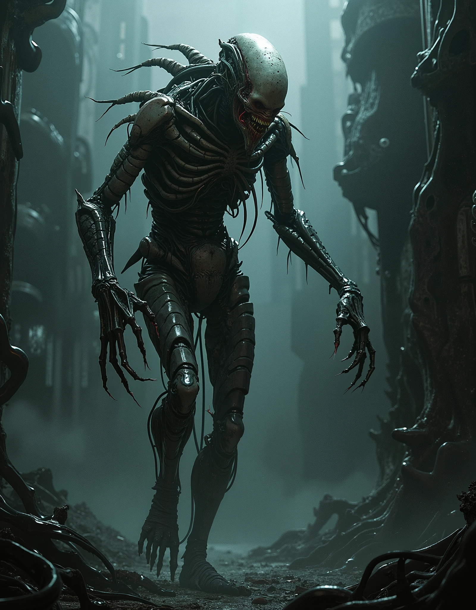 pleased to meet you in the style of HR Giger and body horror nightmarecore parasitecore demoncore