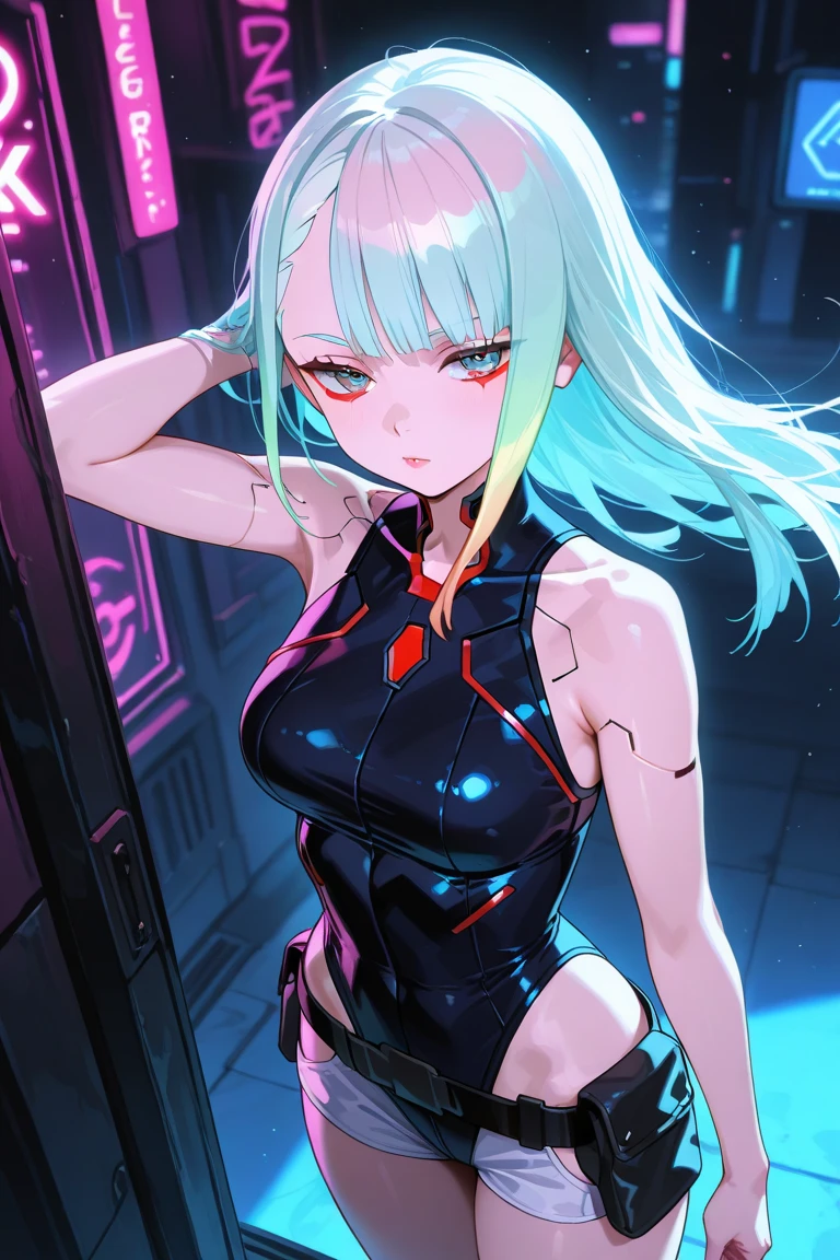 solo, 1girl, cplucy, slight smile, looking at viewer, standing, jacket, open jacket, black leotard, bare shoulders, science fiction, cyberpunk, neon lights, cityscape scenery <lora:cpedgerunners_lucy_xl-000004:1>