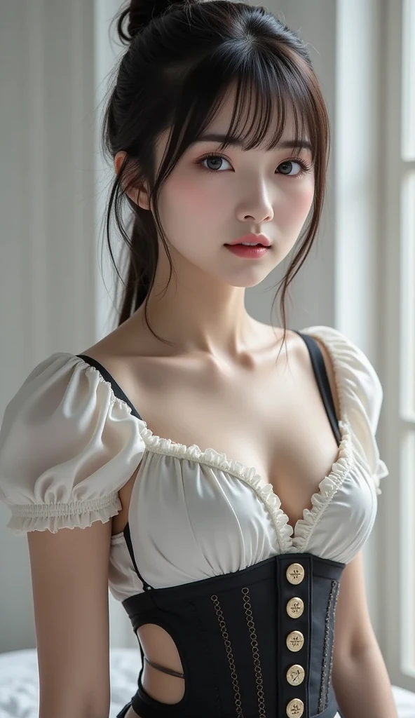 the most beautiful in the world１６Year old girl、((Maids, Brown hair, ,pinafore, Maid headdress, Single hair bun, Hair buns, maid apronl, Dramatic poses)),Smile,Sandy beach background,short-cut、Raw photo, (8K、top-quality、​masterpiece:1.2)、(intricate detailes:1.4)、(Photorealsitic:1.4)、octane renderings、Complex 3D rendering ultra detail, Studio Soft Light, Rim Lights, vibrant detail, super detailing, realistic skin textures, Detail Face, Beautiful detail eyes, Very detailed CG Unity 16k wallpaper, make - up, (detailedbackground:1.2), shinny skin, Full body,Hands down、Be undress、cleavage of the breast、spreading legs、