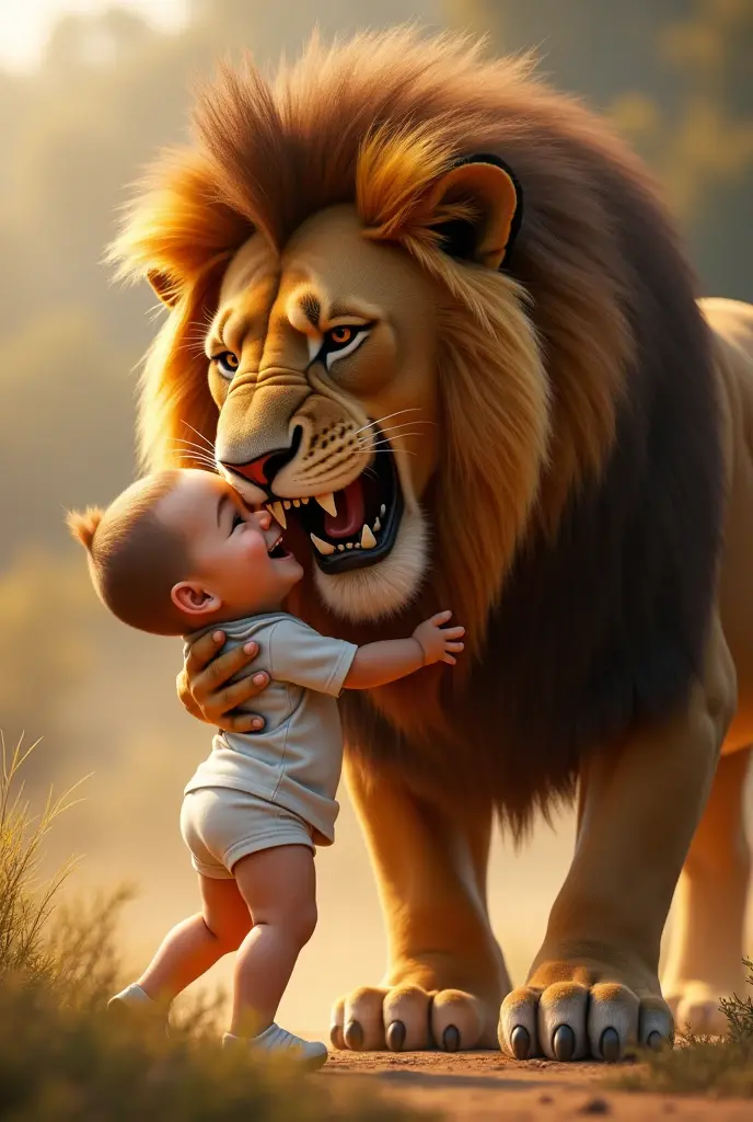 An lion playing with baby in black clouds 