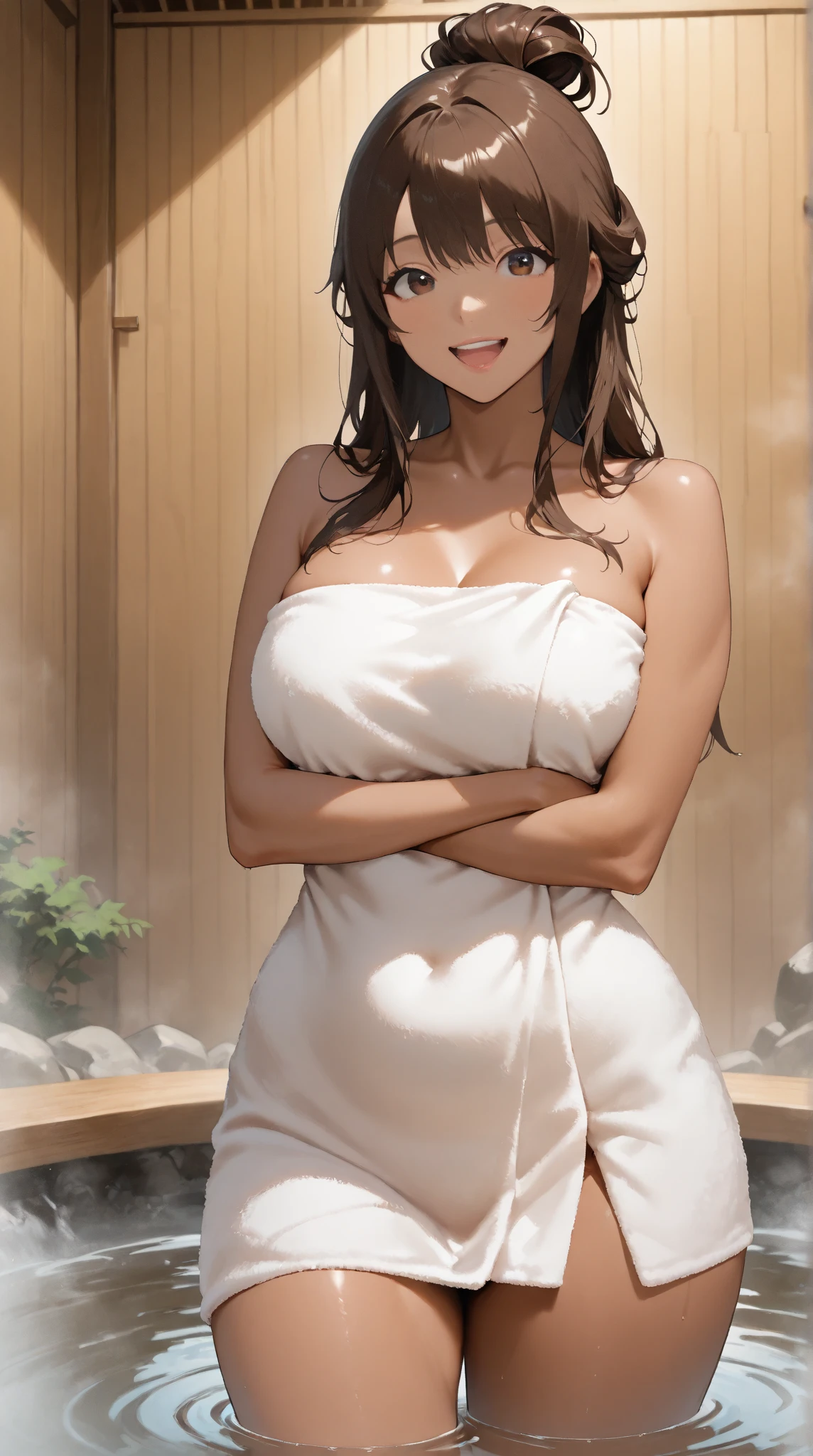masterpiece,best quality,(high resolution:1.5),8k,(perfect face:1.8),(perfect body:1.8),full body,,1woman,(realistic:1.3),pale skin,(fighter:1.5),(dark brown long straight hair:1.2),ahoge,seductive smile,(large breasts:1.5),(large ass:1.5),(small pink nipples:1.3),(erect nipples:1.1),,(sweat steam:1.3),(hidden in one eye:1.3),(This Subaru:1.3),(nsfw:1.3)(Hot spring at night:1.8),,(sake:1.3),(drunken face:1.3),,(lookin gat viewer:1.3),(Cover your chest to waist with one large bath towel:1.8),(clothed:1.8),