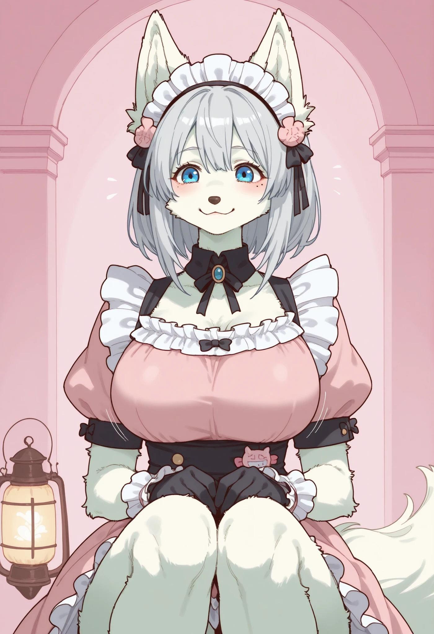 safe_place, safe_place, score_9, score_8_up, score_8. score_9, score_8_up, score_7_up, score_6_up, masterpiece, 4K, High Quality, (最High Quality:1.1), expressive H ,
BREAK
1girl, dress, chest, wrist cuffs , clavicle, happy, puff sleeve, small mole under eye, blue eyes, watch viewers, Towards Viewers, front view, Slender , green, fox ears, Please draw a, frills, body fur , furry female, animal nose , pink dress, (( black gloves)), palm on knee, tail, grey hair, lantern, big bangs, furry, animal ear, huge chest, and arch your back, (from knees up), bouncing chest, pink background, portrait, cute, blanking