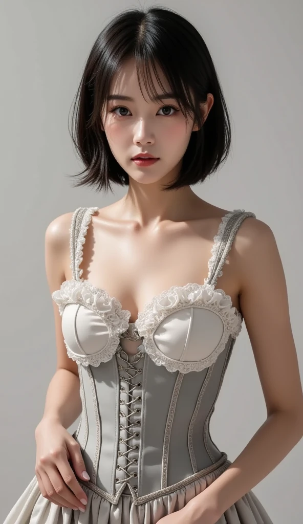 (1girl:1.3), (realistic:1.4), (masterpiece, top quality, highest image quality, ), ultra-fine, highest fine detail, (ultra-fine), ((very fine and beautiful)), cinematic light, contemporary, (very fine and beautiful) ,1 girl, 16 years old,Korean idols,Smooth black hair,Upper body, from above, shy, smiling, (looking back: 1.4), The woman wears a bodysuit-style covering (corset dress) from the chest to the hips. The neckline is a deep V-cut with straps and the skirt is decorated with short tulle frills. The corset also has a garter belt. ((Base colour is white with black transparent lace on the front)). The front centre of the corset is decorated with delicate black floral lace and a white ribbon. The skirt is ruffled with transparent tulle and is light. The stockings are also black lace. The contrast between black and white is beautiful and the delicate lace and tulle details emphasise the elegant and sexy atmosphere.