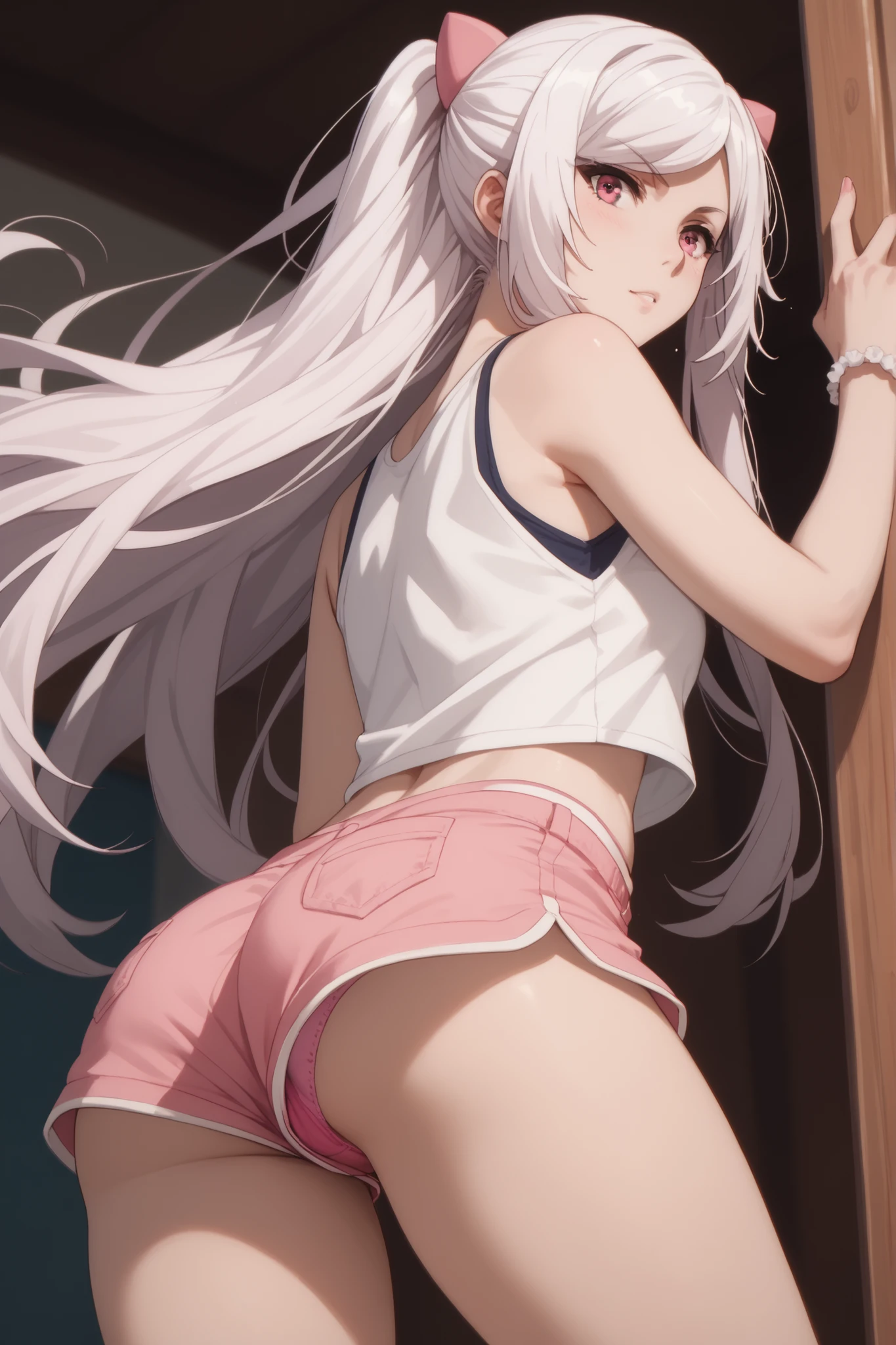 obra-prima , Best Quality, 1,Alexia Midgar,upshorts, Look at the pink panties , with your back ,Very wide shorts showing part of the panties, shorts , looking at the viewer , white hair,short rosa