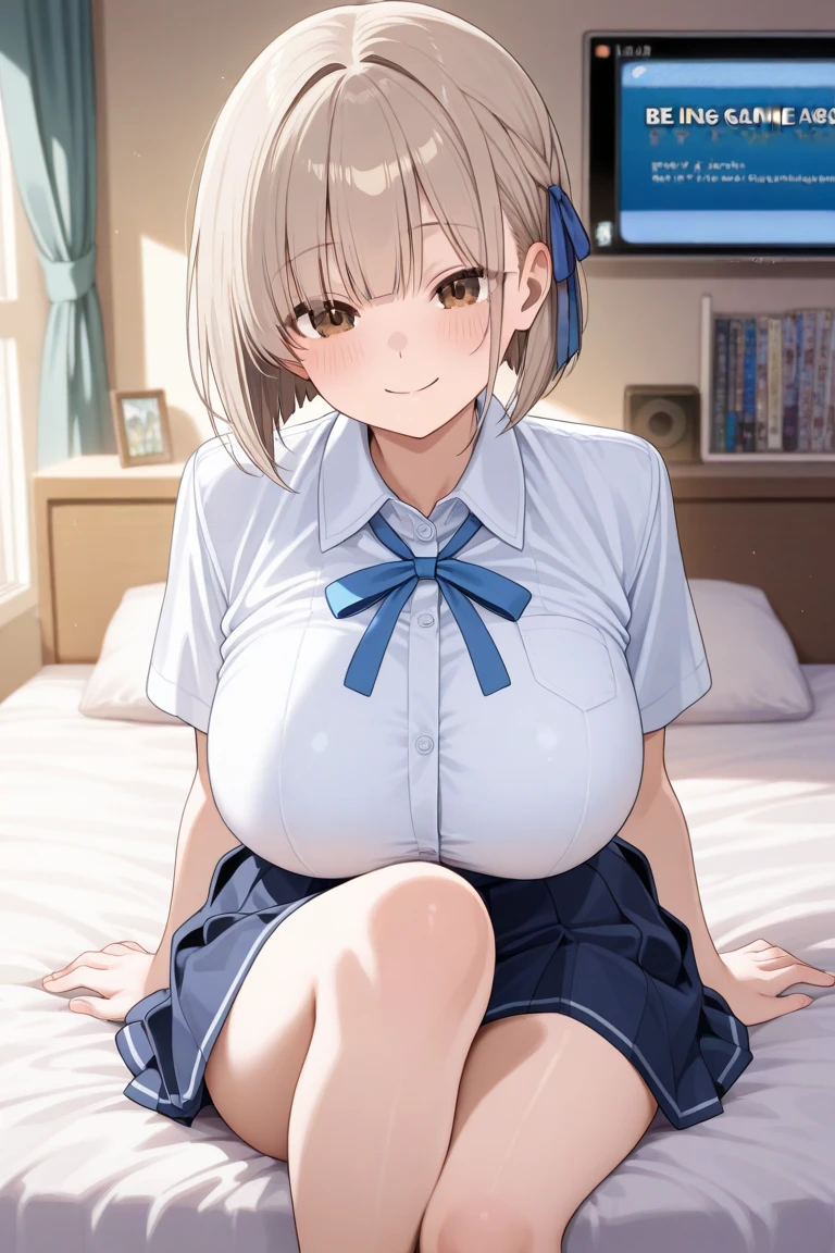(Ultimate beauty), Experienced nurse, Very detailed顔, Detailed lips, fine grain, double eyelid, Short pixie hairstyles for brunettes, ((Erotic Erotic)), (((Wearing a light grey nurse uniform)))), Big Breasts, (Thighs Thighs), ((Sitting in a hospital bed))(((With the legs spread in an M-shape,,,,))) (((Squat posture)))(((Showing panties)))(((Accentuate the crotch))) perfectionなボディ, perfectionな顔, (((background: A hospital room with many medical devices)))、Cowboy Shot, (Depth of the written border), perfectionな画像リアリズム, With detailed background, Detailed costume, perfection、Hyperrealism、Realistic、Maximum resolution 8K, (masterpiece), Very detailed, Professional