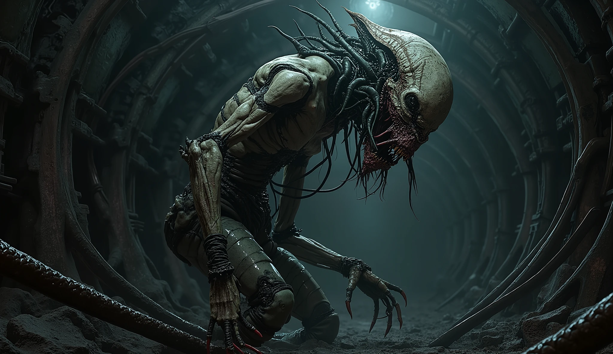 pleased to meet you in the style of HR Giger and body horror nightmarecore parasitecore demoncore art nouveau octane render, altered carbon style, inspired by Andrei Kolkoutine, dark futuristic, by Andrei Kolkoutine, horror style, punk illustration, digital art 4k unsettling, set on h. r. giger aesthetic