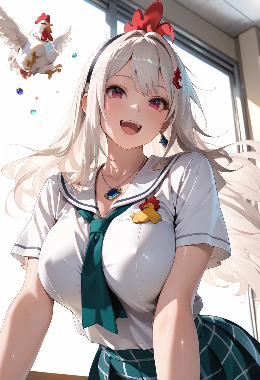 4K, Best quality, schoolgirls, White color hair, mid - length hair, red color eyes, sky blue shirt, White dress,anime big breast,Do not show your hands, smile