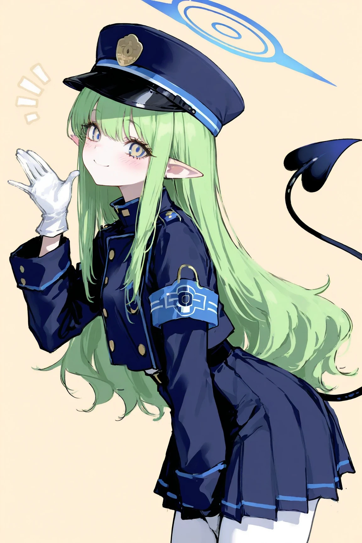 1girl,black footwear,black hat,black jacket,black tail,blush,boots,demon tail,earrings,fang,gloves,green hair,green halo,hair between eyes,halo,hat,heart,jacket,jewelry,long hair,long sleeves,looking at viewer,open mouth,pantyhose,peaked cap,pointy ears,simple background,single earring,smile,solo,spoken heart,standing,tail,twintails,white background,white gloves,white pantyhose,yellow eyes