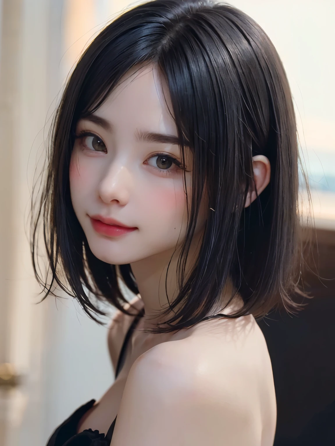 <lora:sonmng_chilloutmix_NiPrunedFp16Fix_75it_28pic:0.7>professional detailed photo of sonmng with straight brown hair,  night time,
(best quality, masterpiece:1.2), photorealistic,(cinematic composition:1.3), ultra high res, cinematic lighting, Exquisite details and textures, professional lighting, photon mapping, radiosity, physically-based rendering, indoor, hair clip, 
27 year woman, 
1 girl, beautiful detailed sky, bedroom, night, (nose blush), ([smile::0.8]:1.1), (closed mouth) small breasts, beautiful detailed eyes:1.3, (bright red stylish slim unbuttoned v neck slim fit short blouse with ribbons), night, wet, rain, floating hair , photoshoot, (halfbody:1.2), (slim waist:1.2), side view, (silver trimmed black dress:1.3), luxurious purse, side pose, cleavage, (side shot:0.0), closed lips, closed mouth, look over shoulder,