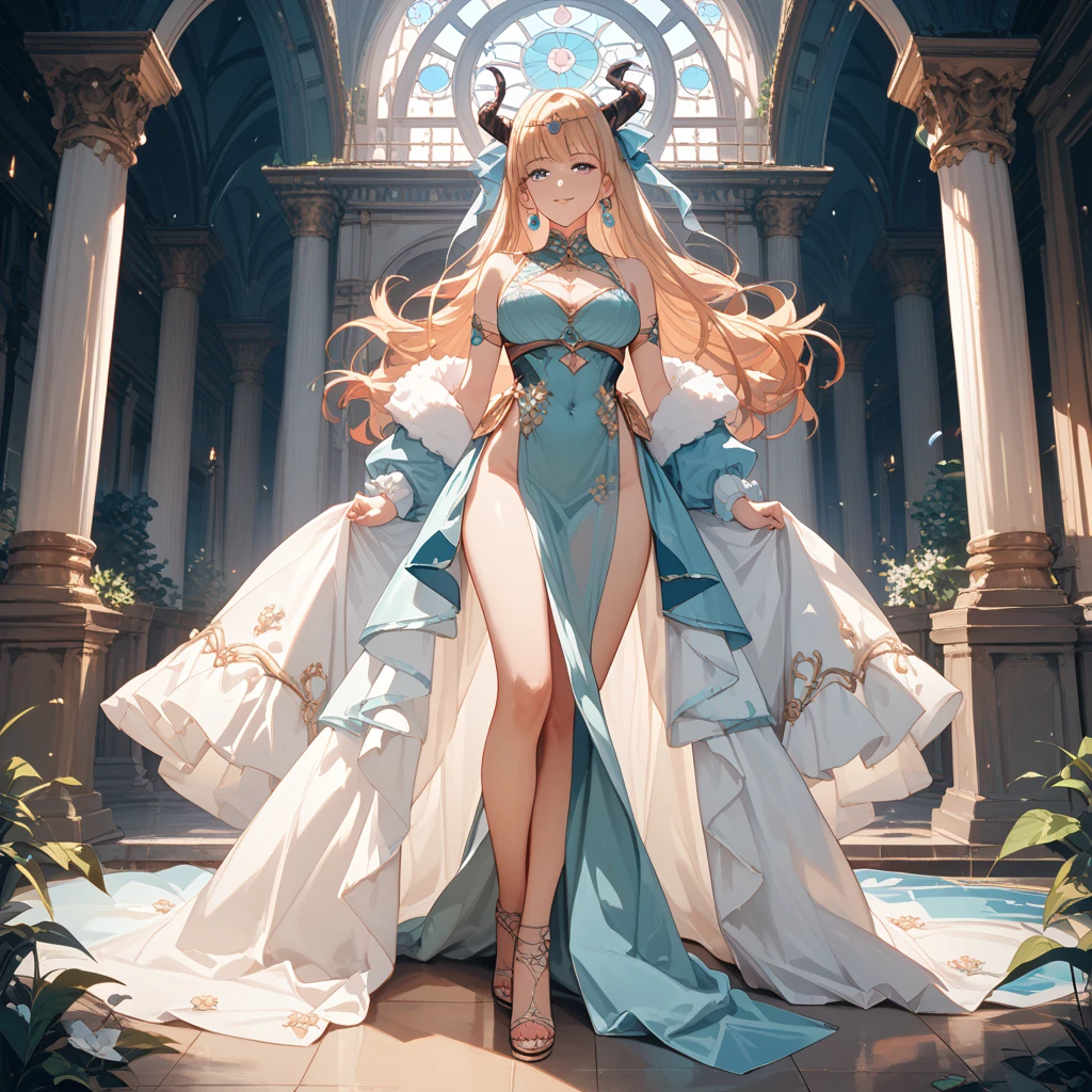 Aelia, a giant 70 meter high priestess, emerges from a golden temple at dawn, her golden and radiant skin reflecting the first rays of the sun. Her long blonde hair falls in perfect curls over her shoulders.. Naked and bright, standing on a sacred field, her posture is graceful and provocative, with one leg forward and one hand caressing his neck. His eyes, full of wisdom and desire, They look at the tiny worshipers at their feet. With a serene smile, sits slowly on an altar, crushing the devotees and their offerings under her perfect ass. Her divine body exudes an aura of heavenly eroticism, enveloping everyone in a spell of devotion and desire.