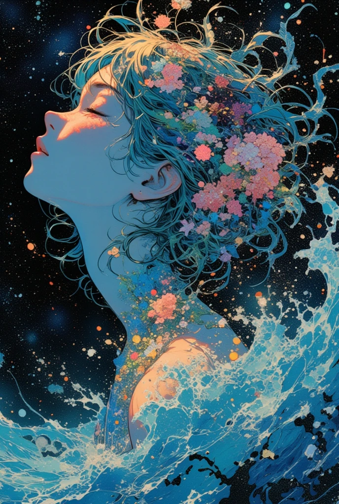 masterpiece, The need for goodness, 1 person, Adult, Mature Woman, Tall muscular man, Dark Theme, Magic array, bubble, Rainbow sunshine, In the water, mirror, Floating Glass Sheet, Rainbow Light, bubbleスワール, Whirlpool of the wind, Aurora, Fantasy Landscape, Starlight around the character, (Upper Body), Naked on Upper Body, Unicorn Tattoo