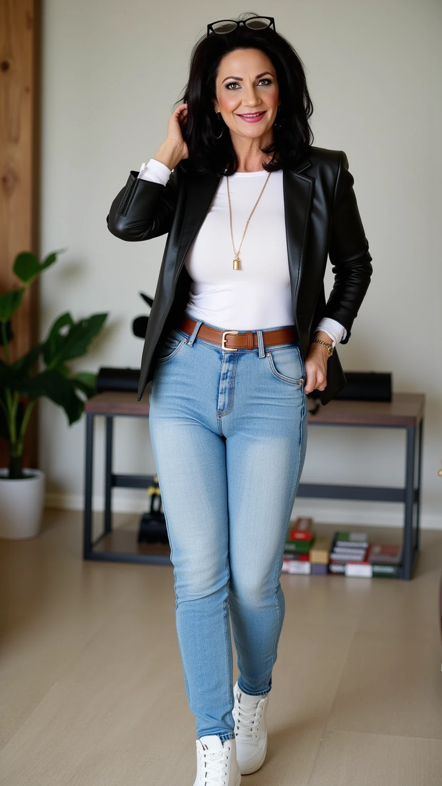 A realistic photo of a hot aged-45 milf.straight long black hair. Sunglasses on her head the most beautiful and sexy 45 years German mature woman, , she is slim, she is heavenly gorgeous, strong makeup,smiling, , heavy bracelet , big necklace , wedding rings , wealthy wristwatch,Standing. (She is placing her hands behind her back:2.5). She is wearing a black leather jacket and light blue jeans with brown belt and a white full tshirt and white sneakers. Sensual. Shy pleading look of desire. . Full length portrait. At office.