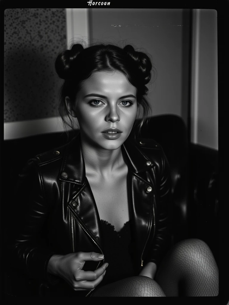 The enigmatic French bohemian diva, Ditta Vonâge, unveils her dark side in an evocative black and white boudoir photoshoot. Captured in stunning HD Polaroid style, Ditta embodies savage beauty and rebellious elegance. Her poetic symmetry and striking tattoos are revealed as she poses in black lace lingerie, a gritty biker jacket, and fishnet stockings. Her boho-chic hair, styled in twin buns, and her hypnotic gaze create a captivating, mysterious aura.(“orgasm in ecstacy+”)

Seated on a vintage leather Chesterfield in a low-lit, cinematic room, Ditta’s gothic noir presence is palpable. Her parted lips and direct stare seduce the viewer, while her flawless, surreal beauty is both sacred and forbidden. This iconic shoot draws inspiration from masters like Marco Tenaglia, Helmut Newton, and Irving Penn, blending fetish boudoir with analog avant-garde style, shot on moody Cinestill Double-X film.

The atmosphere is rich with shadow and sensuality, exploring dark intimacy and raw emotion. Ditta’s bold, fearless sensuality and playful provocation are on full display. This is a rare, immersive portrait of broody, smouldering beauty—timeless, mischievous, and dangerously enchanting. The result is a highly detailed, analog dream: a moody, silver gelatin masterpiece of bohemian eroticism.
