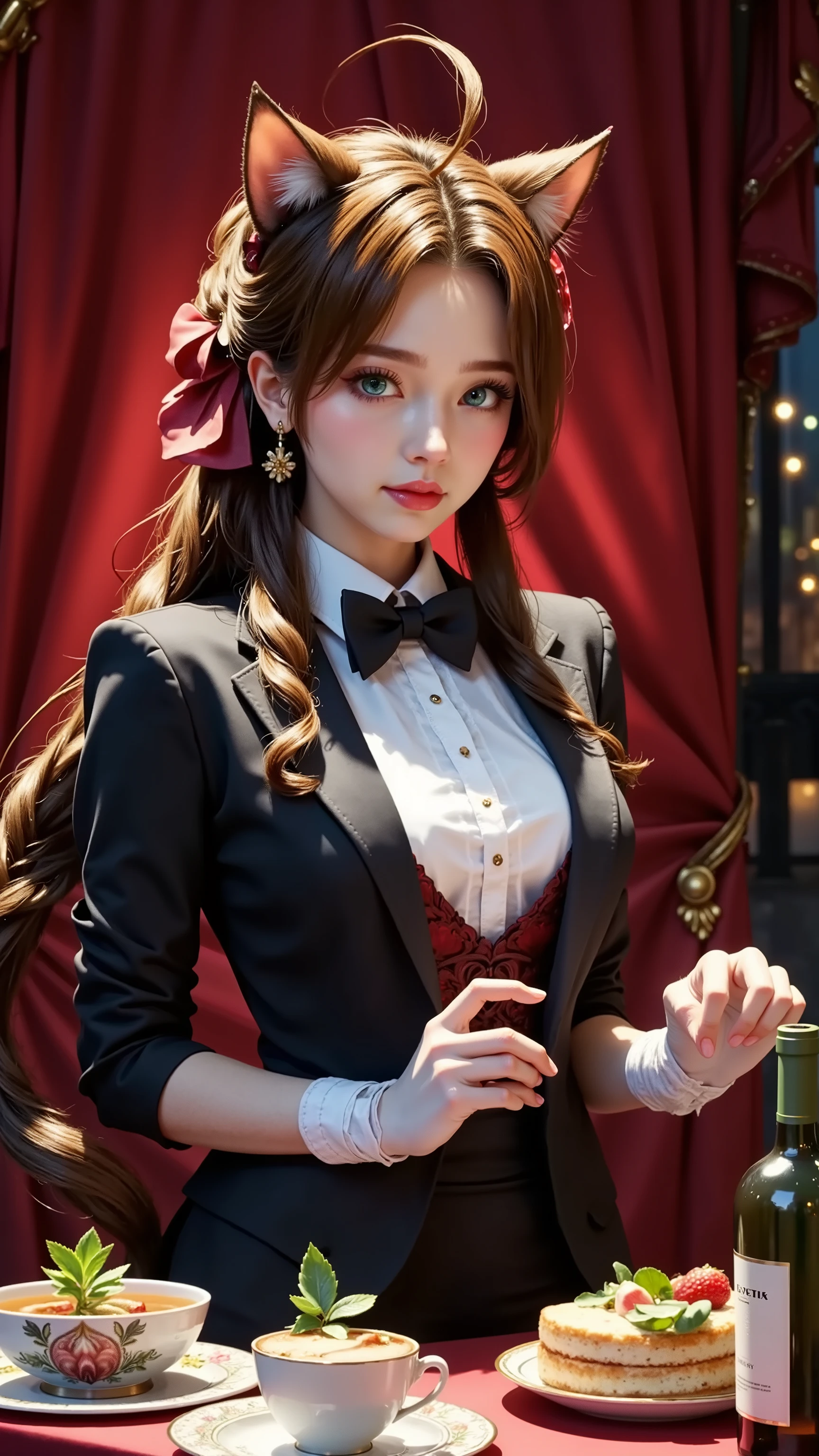 (1girl,Butler serving a distinguished family,wearing butler’s uniform ,white butler’s gloves,cat ears,cat tail,redbackground),wine bottle