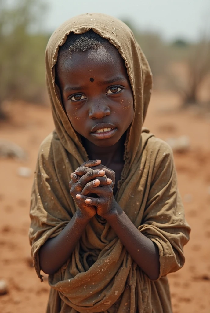 A light skin black 7 years old girl who lived in ethiopia who gat raped and killed by a 30 years old man, seeking for justice crying fearing for others. She wear a green dress with all over flower dots and wear a tiny slim scarve or bandage over her head. She is pain