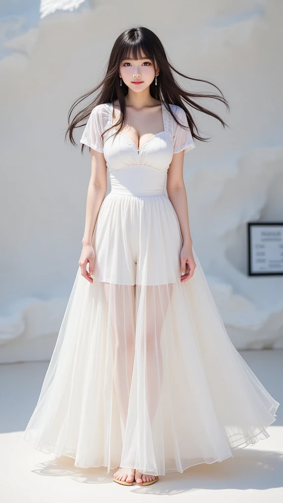**Beautiful woman with a beautiful face, straight black hair and brown eyes, wears white dress and white Highheels, body shot, photorealistic