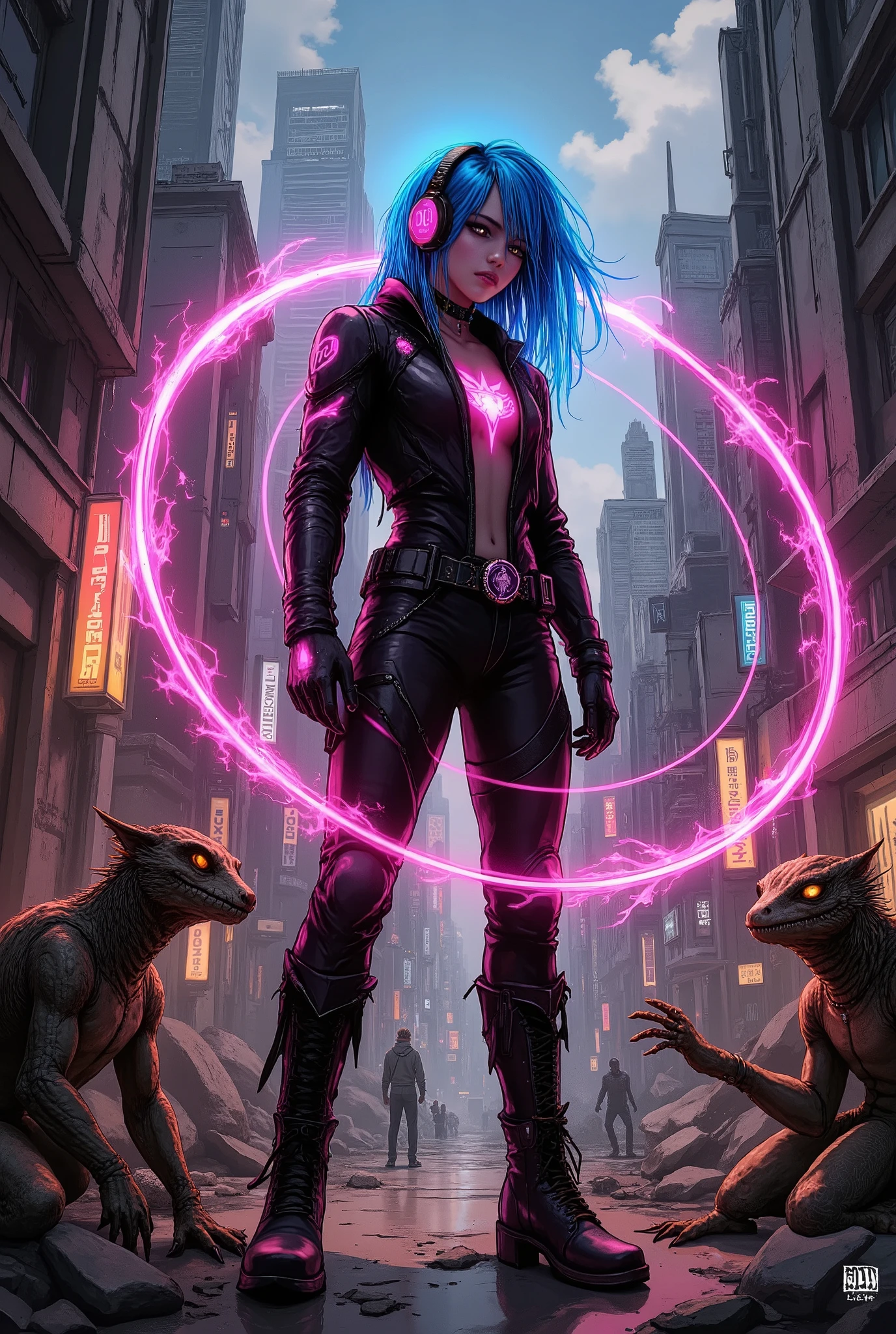 Hero Name : Harmonia. Description : Harmonia is a superhero who personifies the power of music. He is a young artist who, playing his magic guitar, can manipulate the emotions and energies around you. His color palette is vibrant, inspired by the art Splash, with shades of electric blue, vibrant pink and radiant yellow, that mixes in a visual spectacle. Aparência: Harmonia wears a costume that combines technological and artistic elements. His uniform is made of a material that shines with LED lights that propel to the rhythm of the music that plays. He wears futuristic headphones that amplify his powers and a belt with devices that allow him to create sound waves of different intensities. His hair is a mixture of colors, color palette reflecting a vibrant palette of his art. special powers : Sound Manipulation: Scenario: The scene portrays Harmony in an epic battle, surrounded by fire-hazardous geckos, mutant monsters with unique appearances. Harmony is in an urban city, at risk of fire. Scenario of destruction in the background, while confronting a villain who tries destroy planet Earth, personality: Harmony is charismatic and optimistic, always believing in the power of music to unite people. He is a defender of freedom of expression and uses his abilities to inspire positive changes in society. His determination and passion for music make him a unique and admirable hero. Instructions for the Picture: Create an artistic image of Harmony in action, using a painting technique that captures the vibrant and dynamic essence of music. Includes elements of DC, as a futuristic city and technological details, while highlighting the Splash. The image must convey the energy and emotion of the struggle, with Harmony in the center, playing your guitar and emanating sound waves. Post-apocalypse scenario. Around the hero emanates a magical circle of power. Gothic art, digital art, Splash art, cinematic art , Fantasia art,