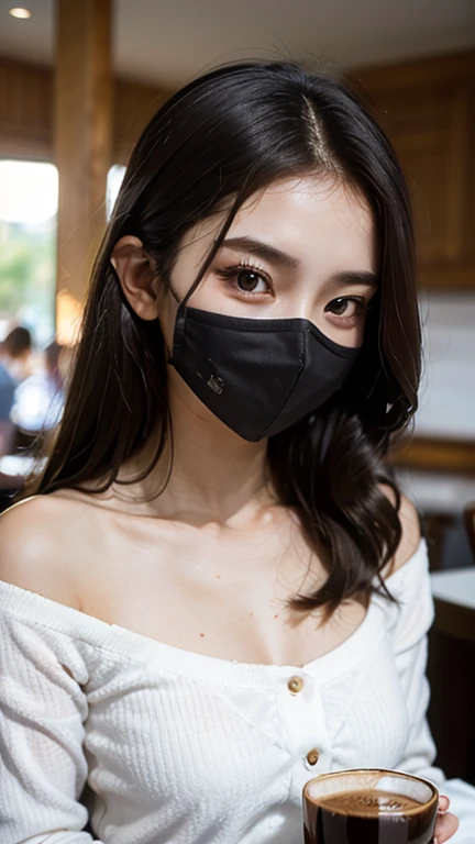 (top-quality、8k、​masterpiece:1.3)、Beautiful Women in Perfect Figure:1.4、(masks:1.3)、dark brown hair、Wears a white shirt、in a cafe、extremely detailed face and skin、A detailed eye、二重まぶた、huge tit、a smile