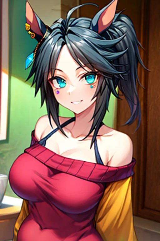 Adult woman, long black hair, blue eyes, open kimono, open breasts, big breasts, smile, masterpiece, high quality