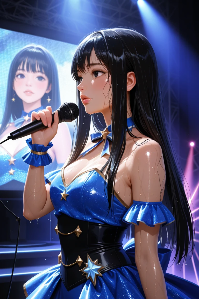 high resolution、High definition、High sensitivity、8k.Japanese、、1、cute、Long Hair、Side-up hair、slender、Mid-chest、Idol、White dress、Headphones、Underboob、Microphone in right hand、practice in the studio、Sing a song、