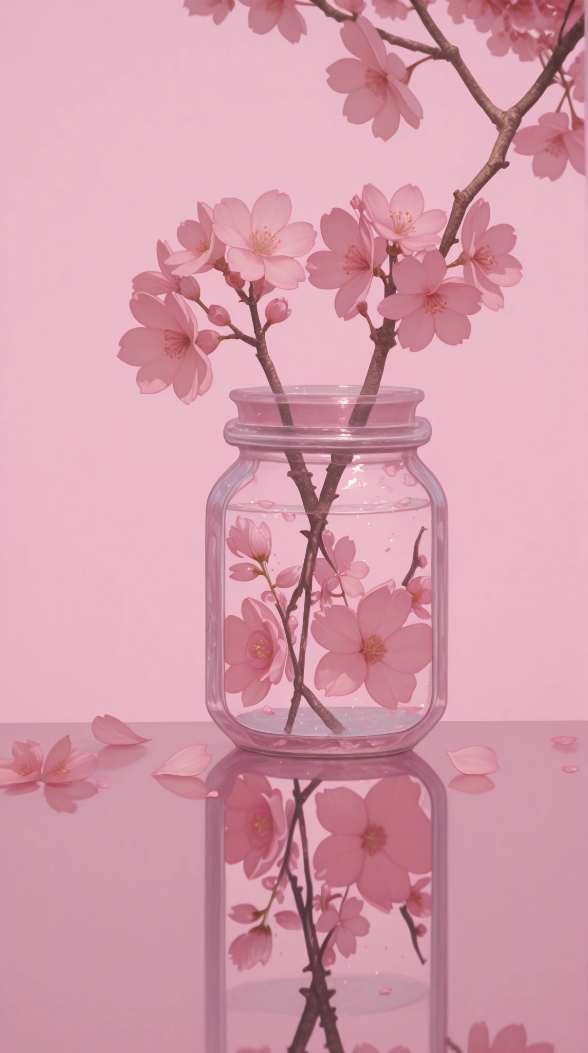no_humans, branch, flower, cherry_blossoms, petals, pink_flower, bottle, water, still_life, pink_background, vase, reflection, glass, jar, leaf, plant, shadow
