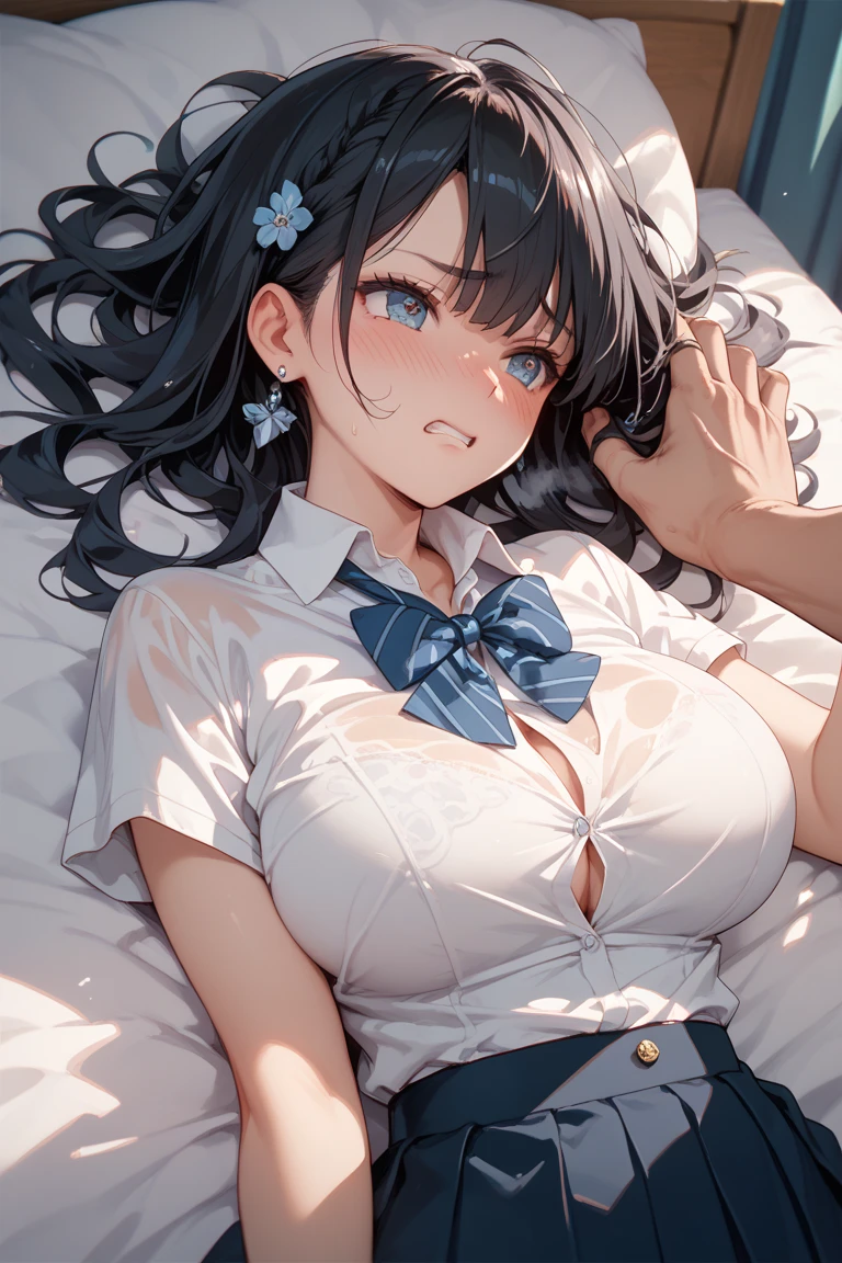 nsfw, (highly detailed beautiful face and eyes:1.2), (((lying))), bbfumika, idolmaster, long hair, hairband, (Sailor School uniform:1.5), ((huge breasted)), ((white pantie)), 1girl, solo, (lift shirt:1.5), (show off breasts:1.5), (spread legs:1.4, legs up:1.3), (pleated mini skirt:1.3), from below, (white pantie, lift skirt, pantie shot, blush), (blushing:1.2), (town overview), detailed landscape, (best quality,masterpiece:1.2), intricate details, extremely detailed,8k resolution, natural lighting,