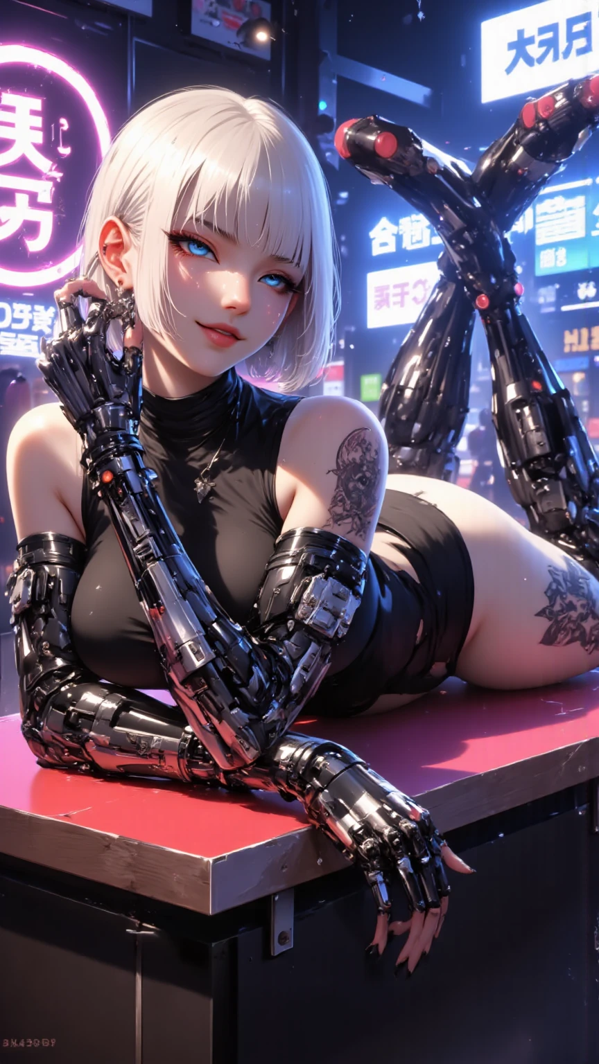 Photorealistic, woman in skimpy underwear (lace, full cyborg suit: 1.55) (Sit on the table: 1.5) (body turned towards viewer: 1.2), (head turned to the left: 1.8), (legs crossed: 1.4), black hair, cyborg, robot parts, beautiful detailed body and face, amorans, 2049, Japan girl at 16 years old, cute, juvenile, sexual, sigh, Inviting, Afrofuturistic, Made in Maya, Samyan, 2070, Cyborg, Robot Parts, Beautiful Studio Soft Lights, Rim Lights, Vivid Details, Gorgeous Cyberpunk, Lacing, Hyper-Realistic, Anatomical, Facial Muscles, Cable Electrical Wires, Microchip, Elegant, Beautiful Backgrounds, Octane Rendering, 8K, Top Quality, Masterpiece, Illustration Very delicate and beautiful, highly detailed CG, unity, wallpaper, (realistic, photorealistic: 1.37), amazing, fine details, masterpiece, top quality, official art, highly detailed CG Unity 8k wallpaper, absurd, incredibly absurd, robot, silver halmet, (full body: 1.4), standing, (nsfw: 1.2), sticking out ass, Beautiful line cyberpunk cityscape with big buttocks and thin constriction, city with neon lights in the background, surprisingly detailed face