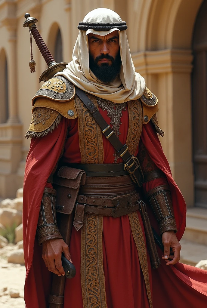 Craft an image of young Khalid bin Waleed in Mecca, showcasing his innate military prowess. His attire, though simpler than his future garb, still bears the mark of his Arabian heritage. His stance exudes youthful determination, and his facial features hint at the formidable warrior he will become, determined and resolute.