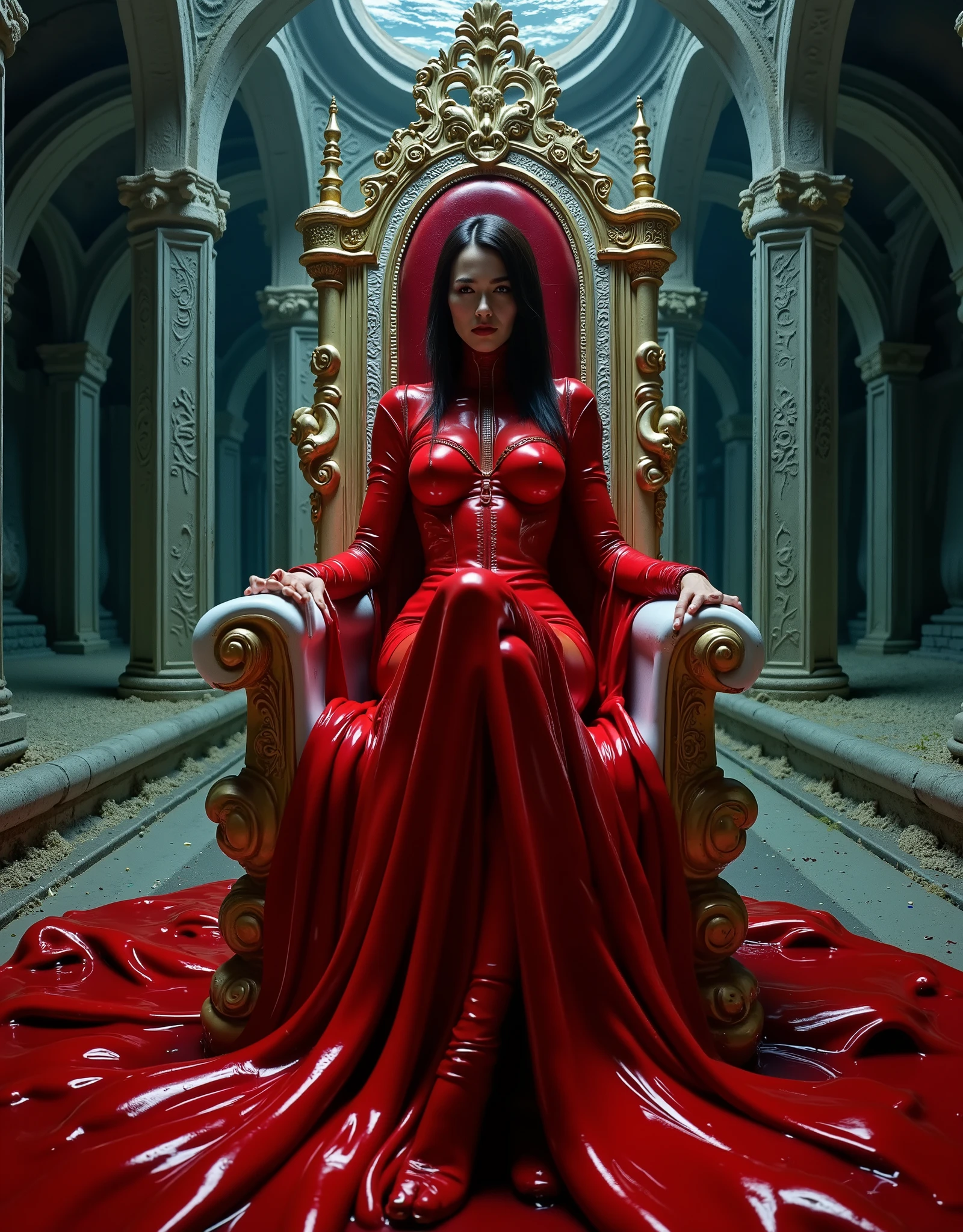 arafed woman in red latex sitting on a giant red chair, sitting in a plastic throne, style of suspiria and neon demon, red magic surrounds her, set on h. r. giger aesthetic, altered carbon style, sitting on the porcelain throne, covered in red slime, killstar, sitting in her throne underwater, the red queen