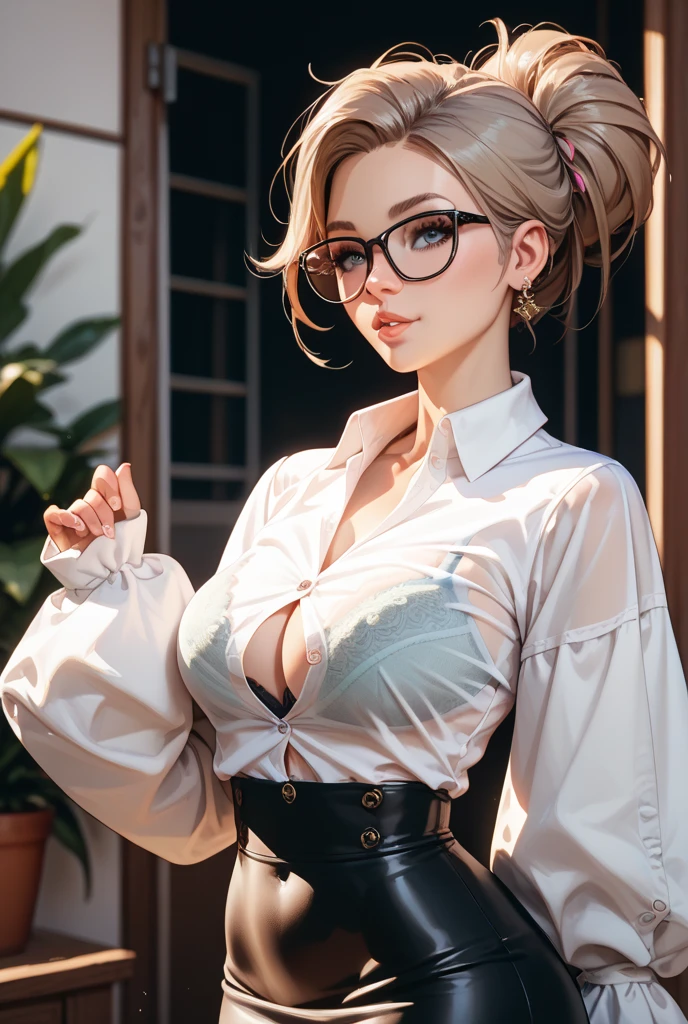 sweet expression, kneeling, Hands clamped in, white glasses, white short hair, (8K, original photo, lifelike:1.25) ,( lip gloss, eyelash, shiny face, shiny skin, best quality, ultra high resolution, depth of field, Color difference, Caustics, wide light, natural shadow, K-pop idol) looking at the audience with calmness and goddess-like bliss, whole body, big breasts, white underwear, black, see through shirt, White shirt, secretary