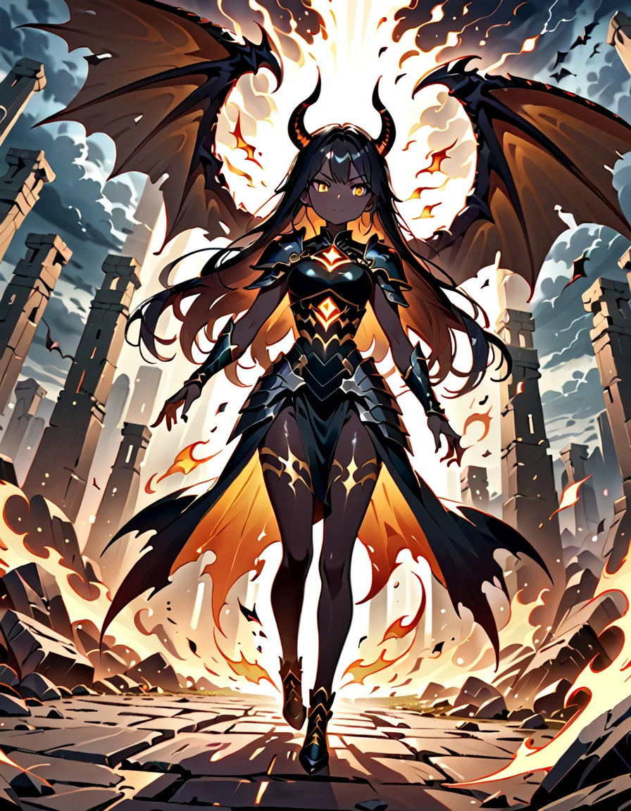 (((masterpiece, best quality, high detailed, 8k))) Design a layout showcase Gaming character, (1girl). Black|Gold clothes, stylish and unique. ((showcase weapon:1.4)), dark scythe. (masterpiece:1.2), (best quality), 4k, ultra-detailed. (Step by step design, layout art:1.5), (luminous lighting, atmospheric lighting). necromancer, ((glove full hands)), (((revealing clothes:1.3))), vambraces, armored legwear, (((full_body_shot:1.4))). {In a haunted graveyard}, (devil:1.3), (pure black skin:1.3), (dynamic angle:1.2).