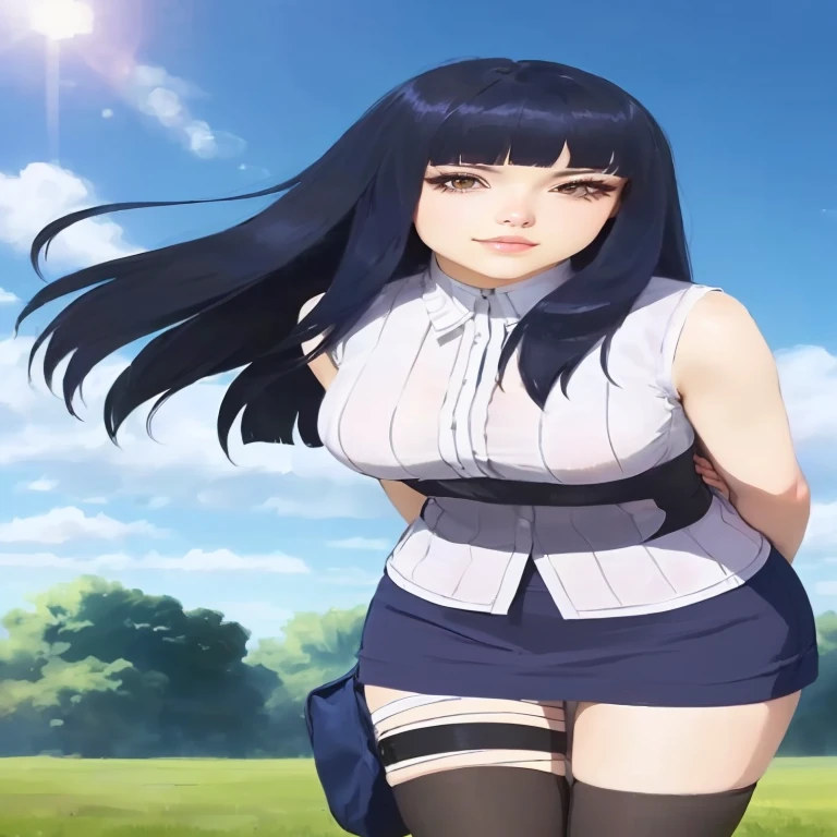 (Best Quality,4k,8k,Highres2),A highly detailed,HD, Konoha village wallpaper ,Hinata Hyuga, Full body fishnet shirt, breasts,, long blue hair, Full body