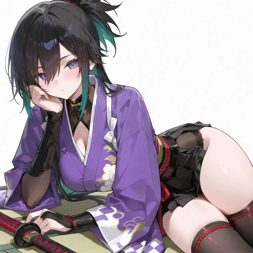 NSFW,1 girl,胡butterflyしのぶ、Animal print、Black Hair、butterfly、butterflyのhair ornaments、butterflyのプリント、amount、Gradient Hair、hair ornaments、Haori、Multi-colored hair、Parted bangs、Purple Hair、short hair、Two-tone hair、Oiran,kimono,(Perfect hands),(Perfect Anatomy),(masterpiece),(highest quality),Embarrassed,blush,Japanese-style room at night,futon