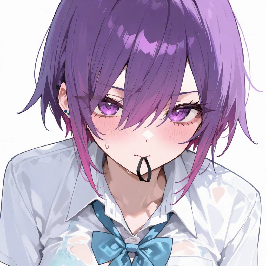Open your mouth wide with your fingers、Ultra-detailed illustrations、Ultra-precise expression、masterpiece、Highest quality、ultra High resolution、High resolution、Hiromitsu Takeda Style、White background、Simple Background、Mash Kyrielight、light purple hair,short hair,hair over one eyes、Black sleeveless dress, White collar、Red tie、Black Pantyhose、Purple eyes、smile、Open your mouth、Choker of Hearts、White Breath、Sweat、Glowing Skin、shiny skin、Side angle、Put the plate、、semen、Semen、eat、Put a spoon in your mouth、