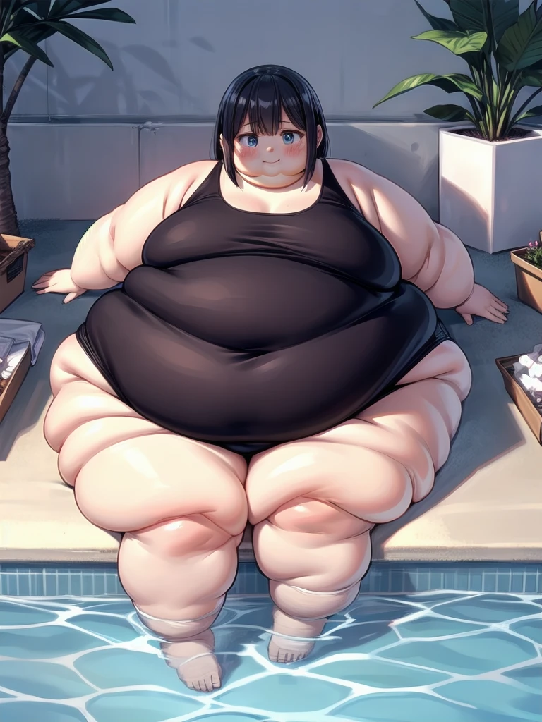 masterpiece, best quality, hi-res, realistic anime, fat kobeni, one girl, solo, brown eyes, medium hair, black hair, hair ornament, hairclip, mole, mole under eye,,, bangs, eyebrows, slingshot bikini, poolside, wet, obese body, fat arms, thick thighs, fat belly, big cheeks, cute and fat face, shy, fat necks, 4k