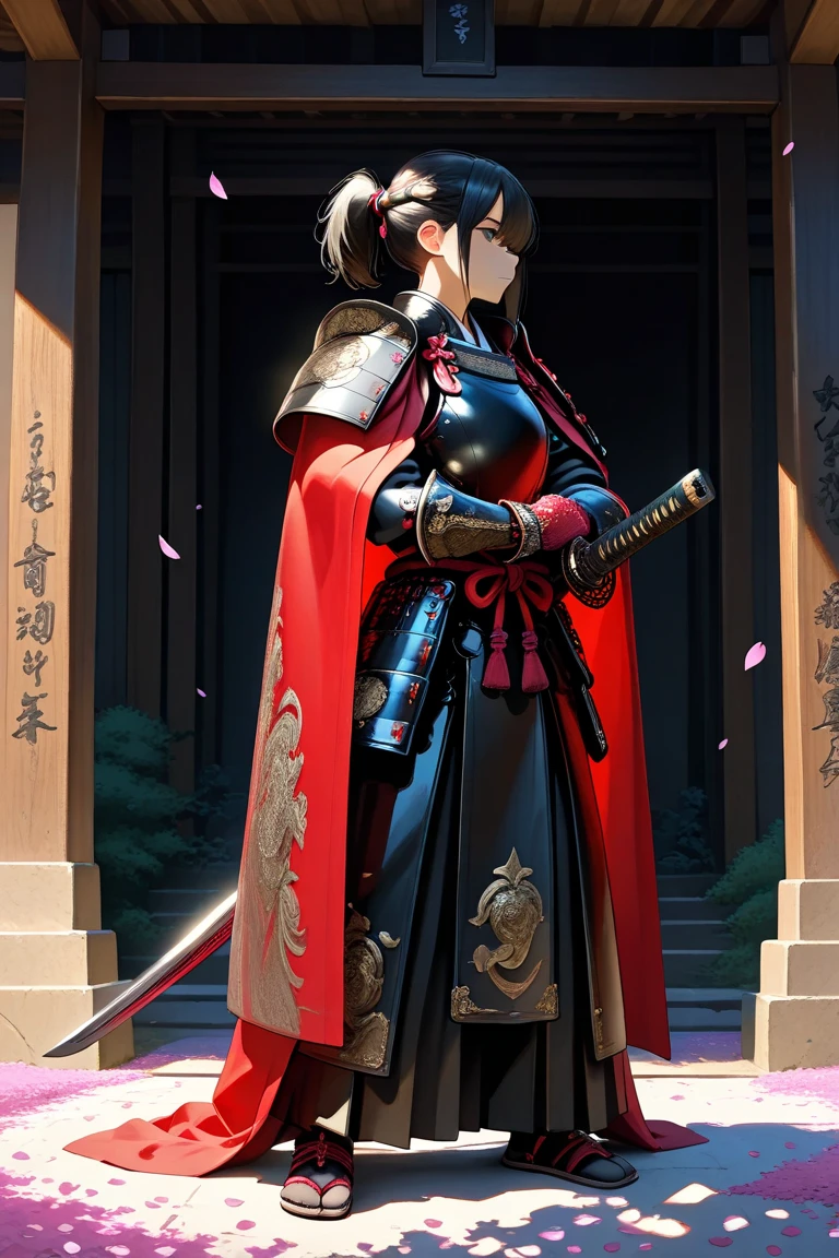 Traditional Chinese Ink Painting,(Girl with a long sword),(Fighting posture:1.3),(sword in hands:1.3),Peaceful, (Smile), Ancient Chinese Battlefield,wearing long hanfu, Hanfu,fully body photo,(Mild anger:1.2),(Absurdly long hair:1.2),(The girl looked fierce),(The girl wears a black cloak),(((Flames burned behind the girl:1.3))),(Chinese armor:1.3),(Chinese cuirass,Chinese armor:1.3),(maxiskirt:1.5),(Very long red cloak:1.3),battleground background,