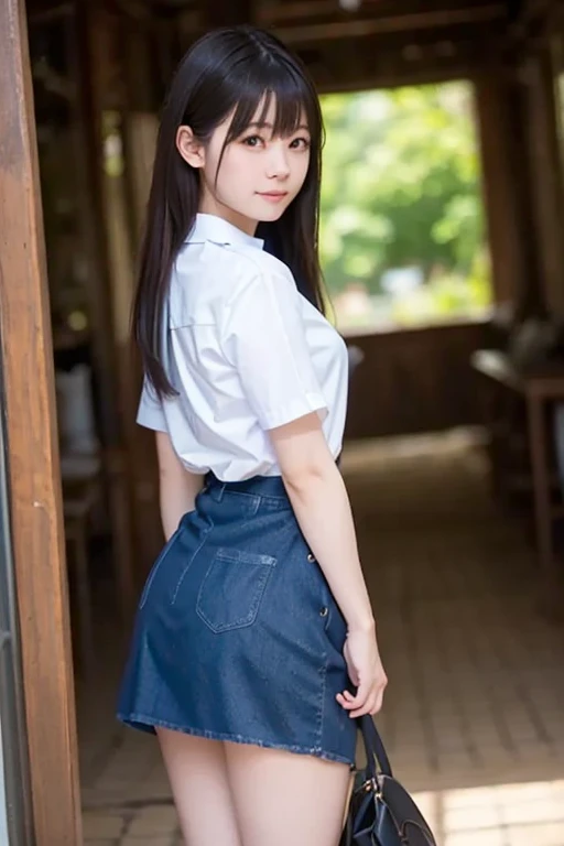(((Dressing:3.0))), (((shool uniform:1.8, pleatedskirt:1.8))), ((‎Classroom:1.8, Leaning on the desk:1.8, facing back:1.8, Point your butt at the camera:1.8, Leaning forward:1.8, Head down and buttocks up:1.8)), ((Panties with a small white area:1.8)), Smiling smile:1.5, 1girl in, 18year old, 7headed body, Ideal ratio body proportions, erectile nipple, Medium Hair, With bangs, A dark-haired, small tits, A slender, Small buttocks, beauty legs, Skinny Legs, surrealism, Cinematic lighting, depth of fields, One-person viewpoint, F/1.8, 135 mm, nffsw, masutepiece, ccurate, Anatomically correct, Textured skin, Super Detail, high details, High quality, awardwinning, Best Quality, hight resolution, 8K