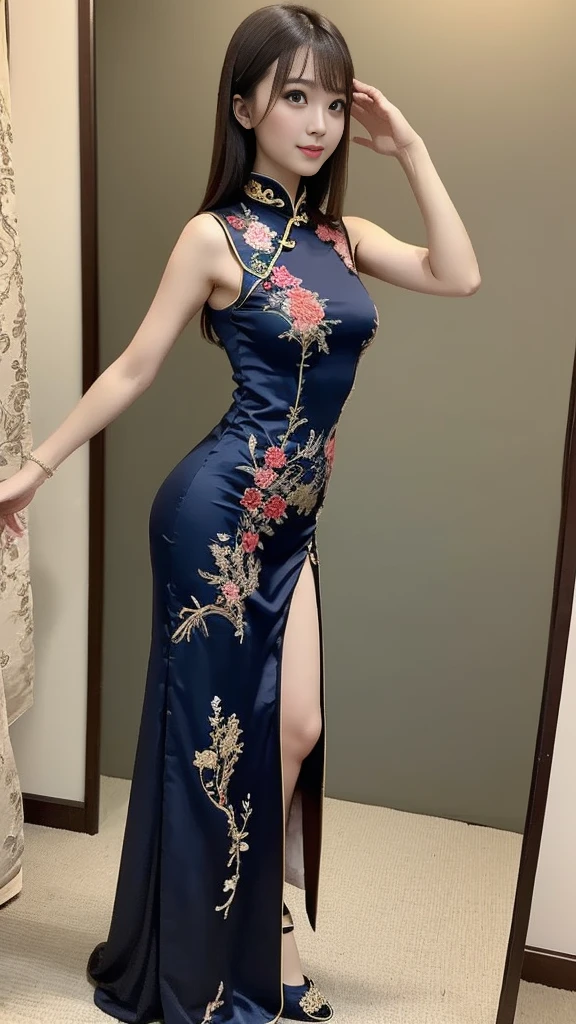 (From the outside) , many color,Best quality at best,8K,real photograph,Delicate skin details,tmasterpiece,photograph of-realistic,Complicated details,RAW photogr,on the garden,ssmile,florals,Gorgeous cheongsam,sockes,Extra-long hair,cropped shoulders,delicated face,Expose cleavage,decorations,Perfect Finger,Dissection is correct,(Huge room,0.8),big cuvy hips,shiny skins