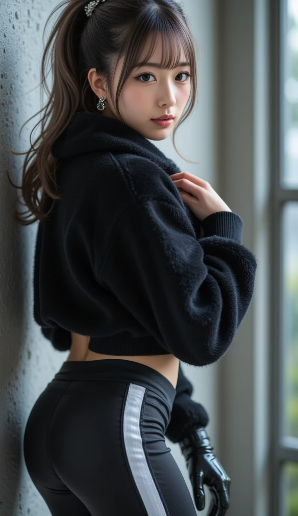 Woman wearing panty and hoodie at home