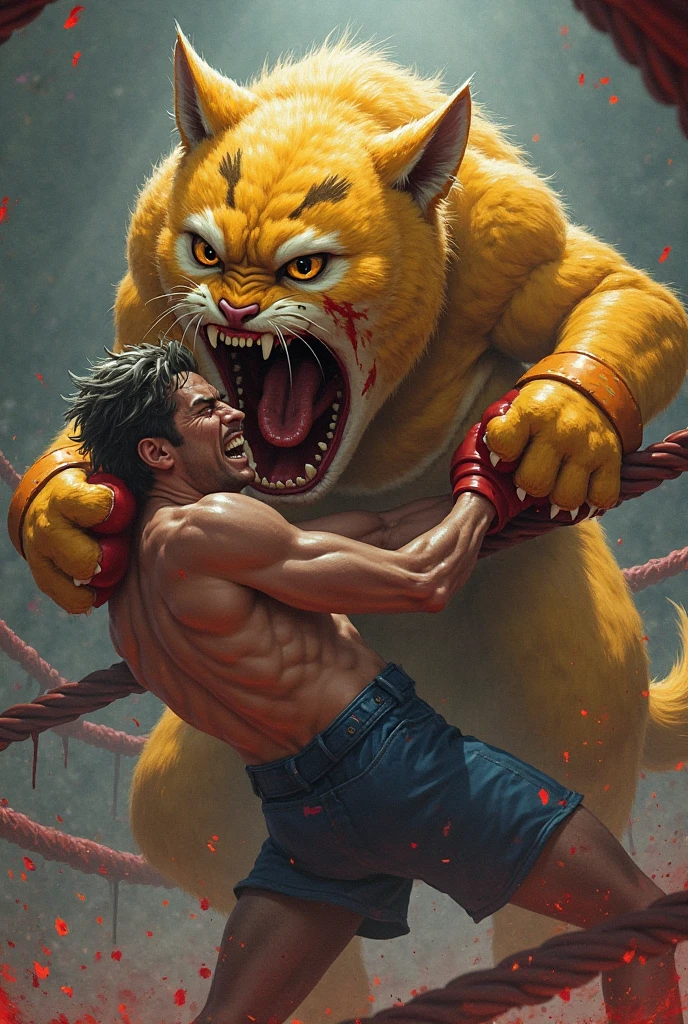 An anime image of johny Bravo submitting a panther by a sleeper hold in a jiu Jitsu match