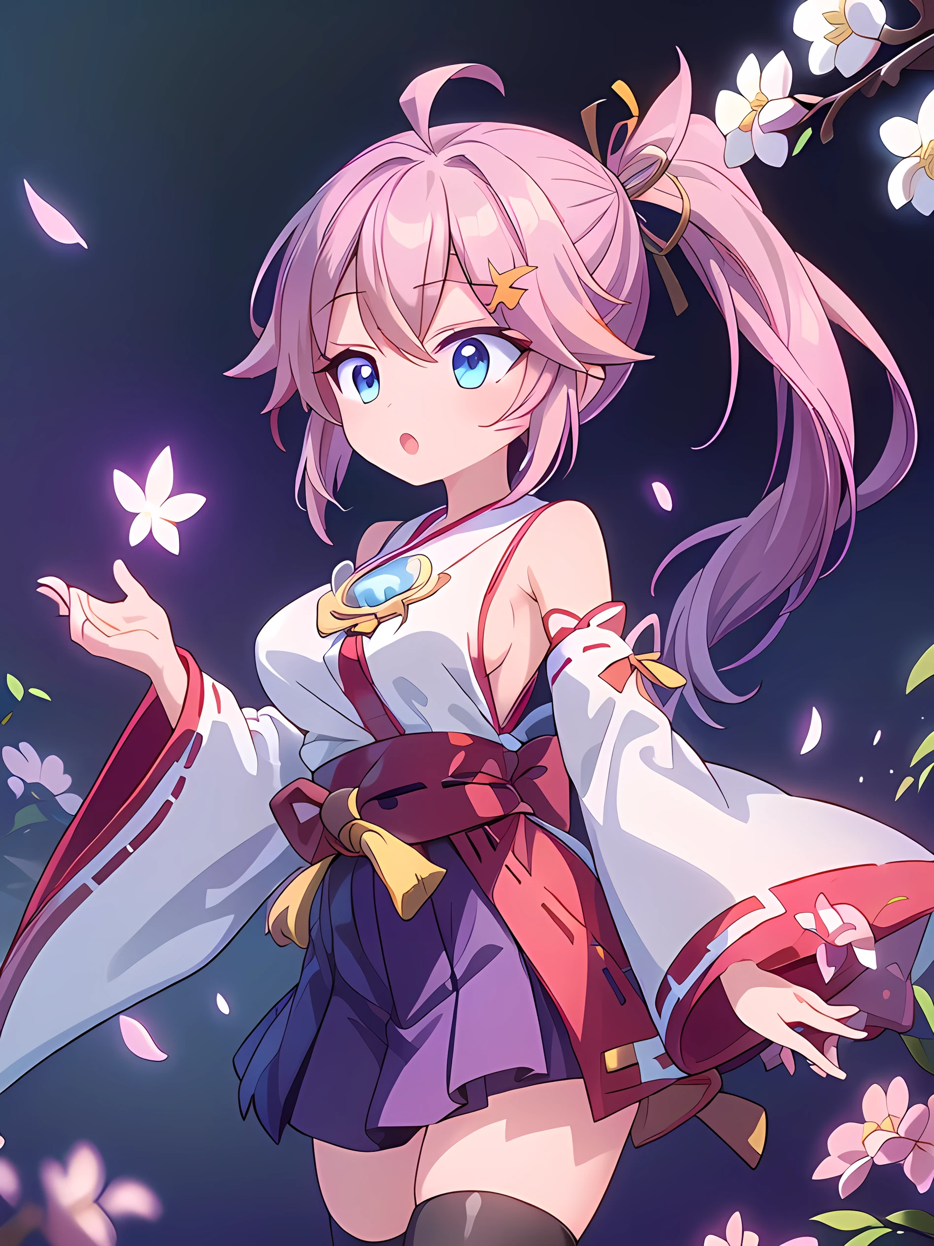1 girl, game CG, blue floral short kimono, visible thighs, gigantic breasts, pink hair, long hair, hair up, princess hairstyle, ahoge, pink eyes, smile, night, standing