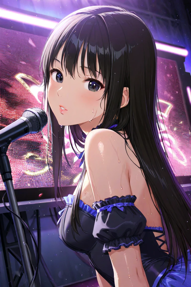 dia kurosawa, long hair, bangs, black hair, hair ornament, green eyes, sidelocks, hairclip, blunt bangs, ,live stage, (nsfw, nude, naked, 1girl, solo) , nipple ,empty eyes, (large breasts:1.2) , crying、 whole body , palace