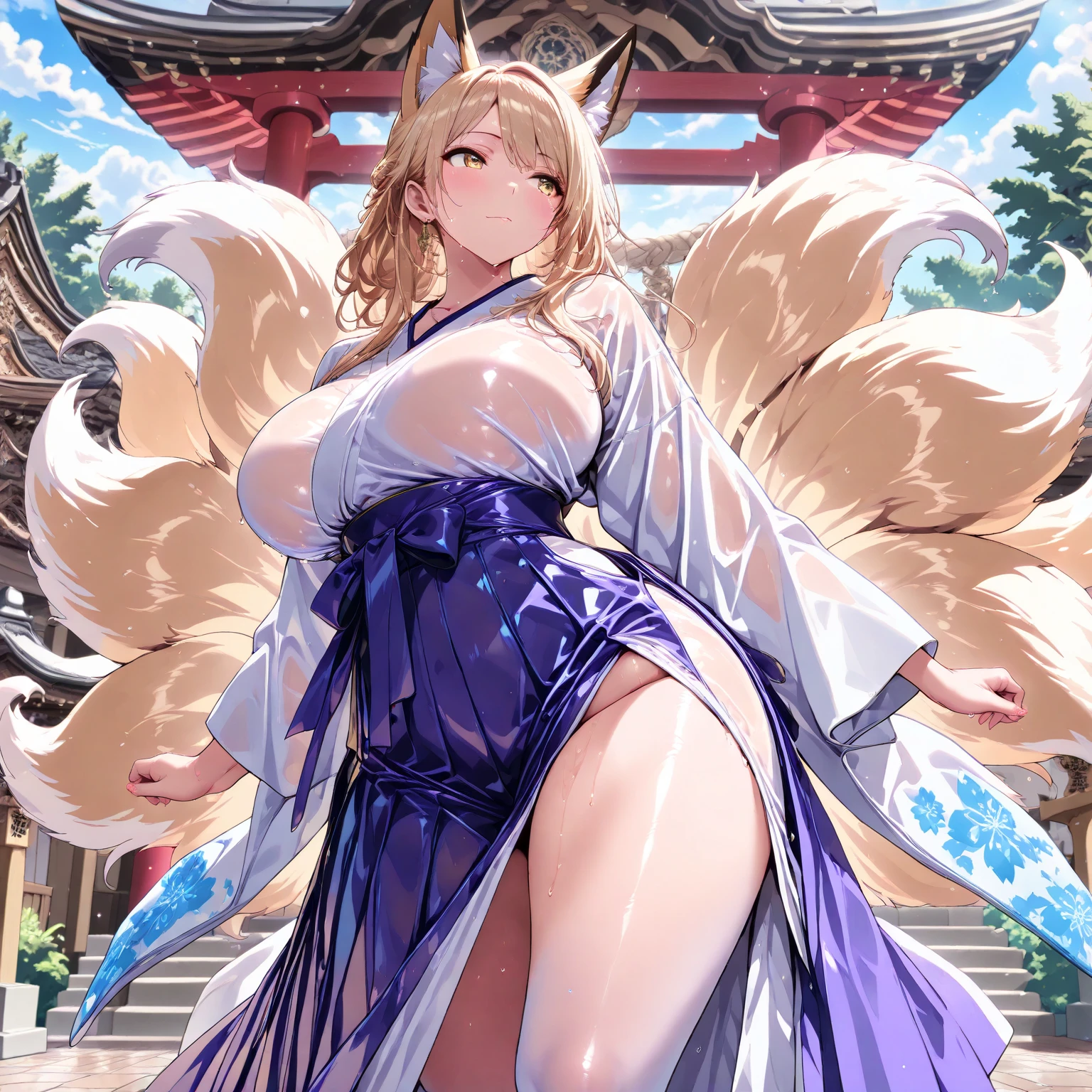 tmasterpiece, top-quality,, (face perfect:1.1) , (high detal:1.1), Curvaceous, wide waist, Carnal lips,、(Colossal :1.1)、nedium breae into the skin、(thick thight:1.1)、The blonde、Fox ears、Transparent kimono、bare shoulders、Fox tail、