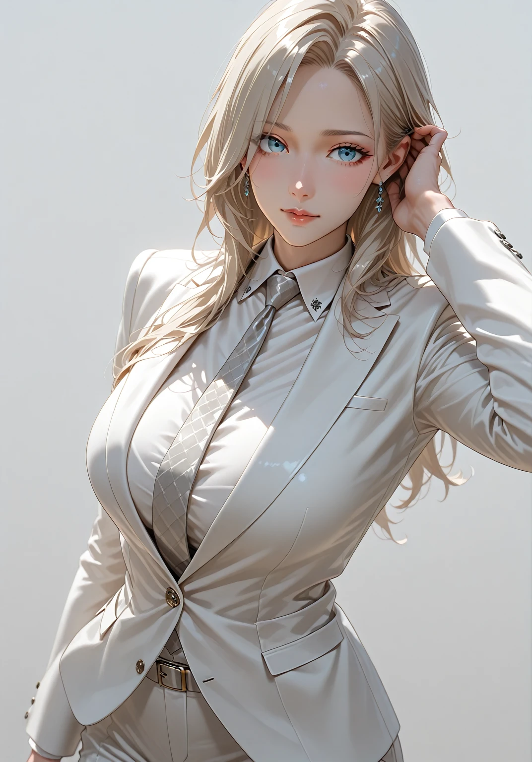 masterpiece, best quality, highres, 1girl, summer, Pencil skirt with a tucked-in blouse and blazer, Maven, Tall, Thin, Square Face, Dark Skin, White Hair, coral Eyes, Short Nose, Pouty Lips, Round Chin, Long Hair, Straight Hair, Fringed Bangs, soft breasts, Cuff earrings, teal stain lipstick, a tranquil Japanese Zen garden