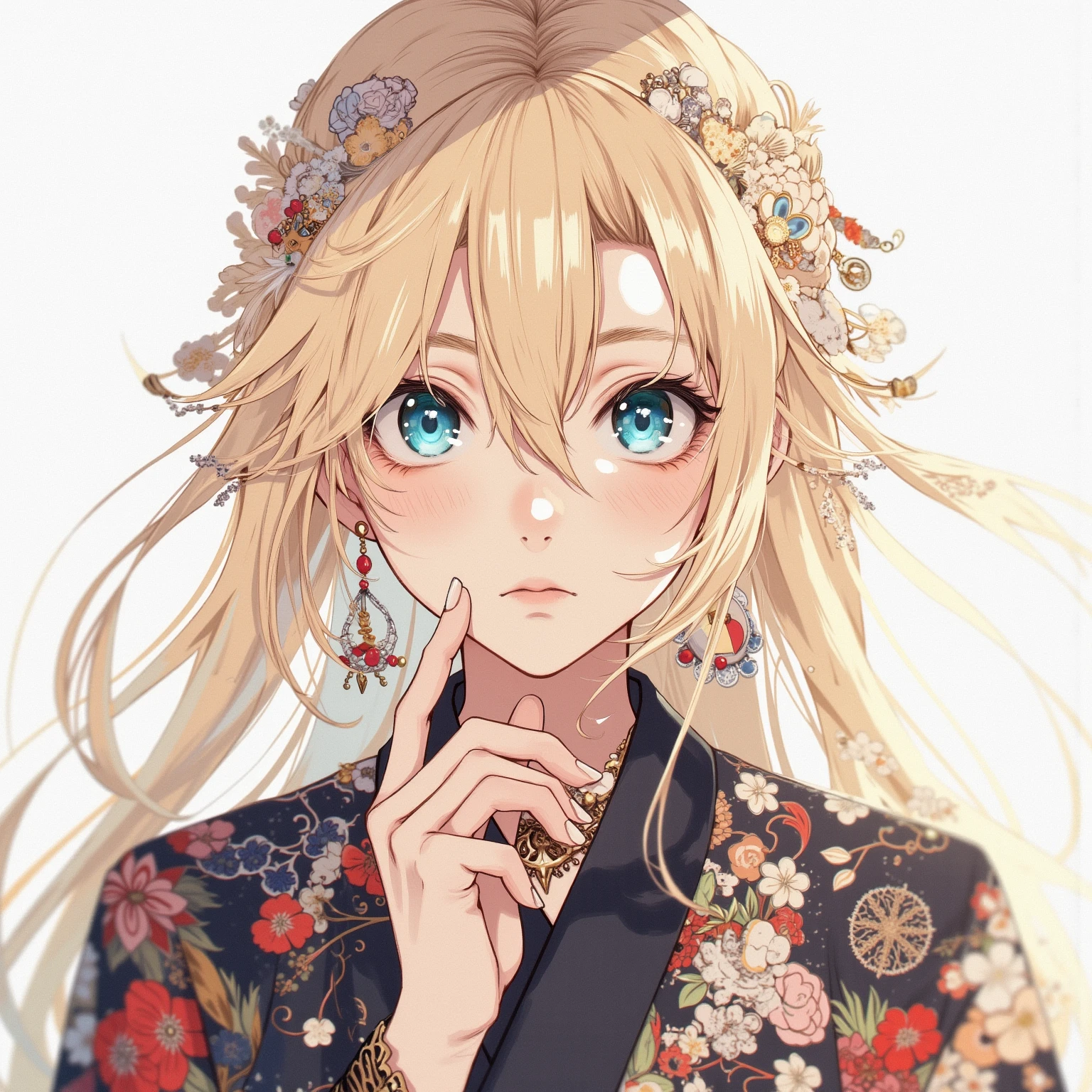 Shojo manga, manga style, cinematic, lusanna, solo, blond, qipao, eyes, earrings, hairpin, woman, wearing a blue dress with floral print, gold, long blonde hair, upper body, <lora:lostark_lusanna:0.5>, in the style of romantic manga
