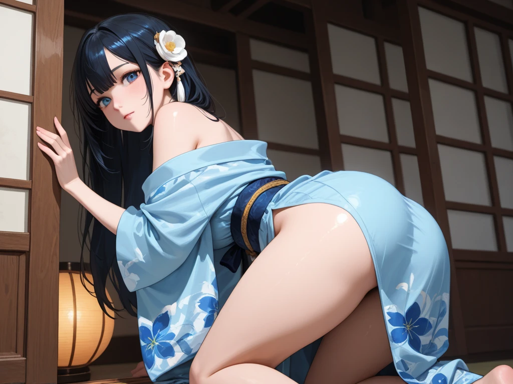 Beautiful Japanese woman meditating with her legs apart in a sheer kimono、big breasts、beautiful body、half naked、No panties、beautiful pussy、She is on her knees showing her ass and pussy