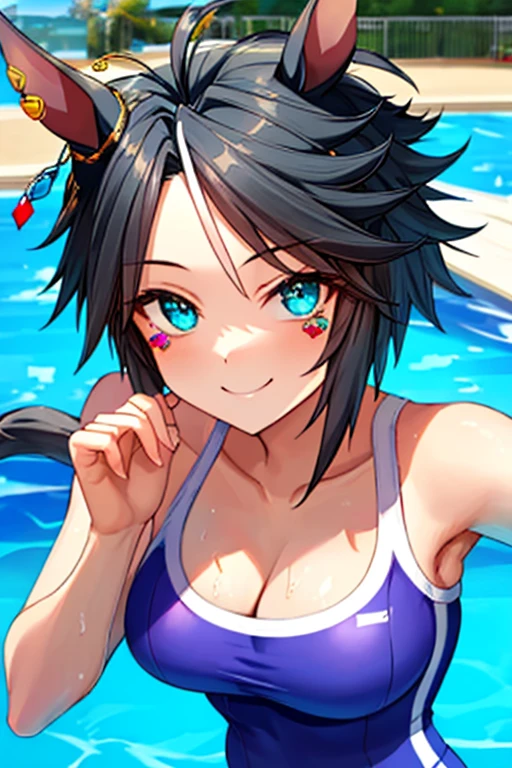 ((masterpiece)), ((best quality)), (ultra-detailed), anime style, pool, a cute girl, 1girl, solo, ((beautiful eyes)), smile, bikini00,